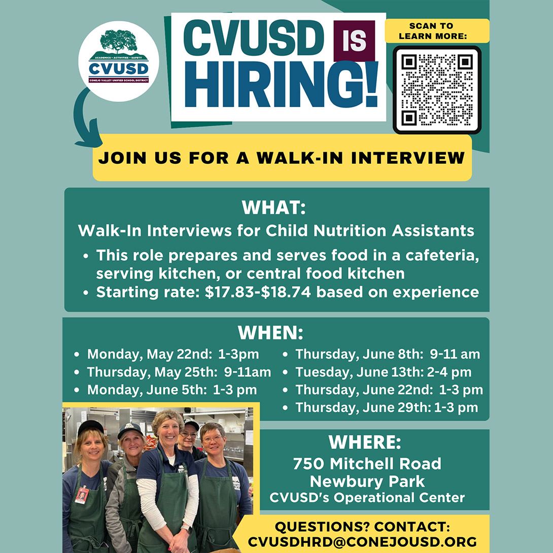  CVUSD is Hiring Child Nutrition Assistants - Join us for a Walk-In Interview!